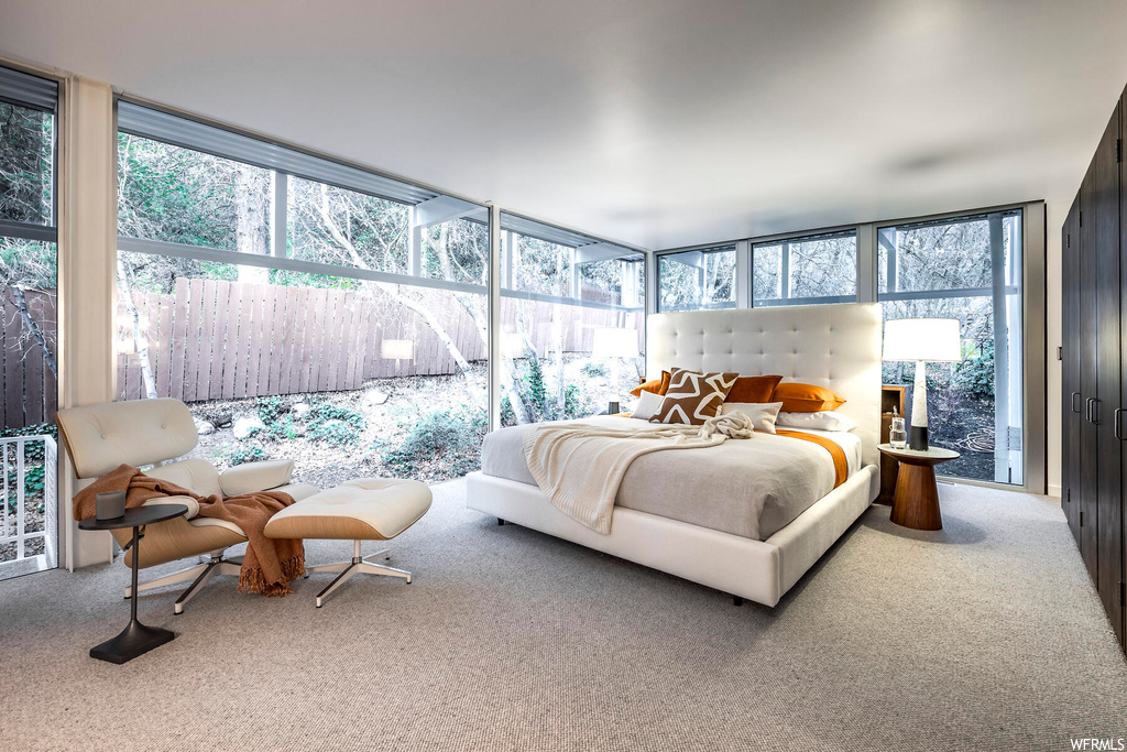 Carpeted bedroom with multiple windows and a wall of windows