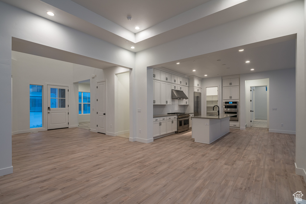 Kitchen featuring light hardwood / wood-style flooring, appliances with stainless steel finishes, an island with sink, and white cabinetry