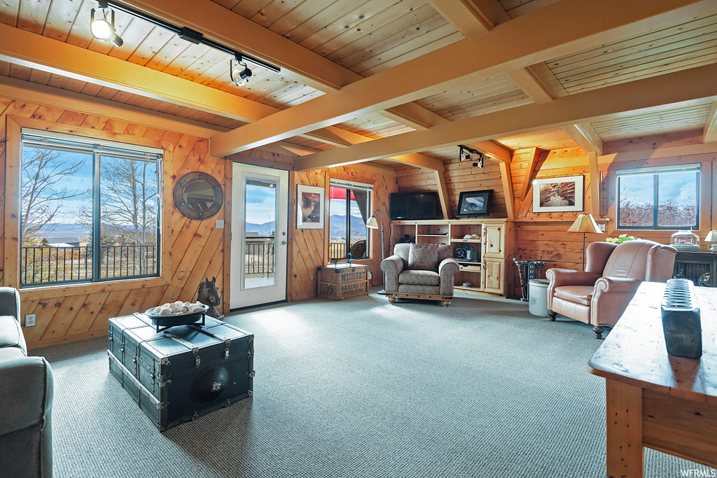 Carpeted living room with wood ceiling, beamed ceiling, wood walls, and rail lighting
