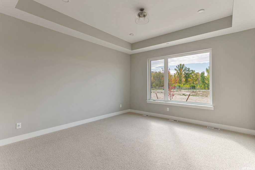 Empty room with a raised ceiling and light colored carpet