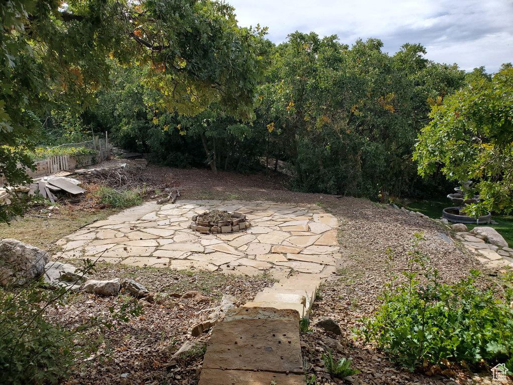 View of yard featuring a fire pit and a patio