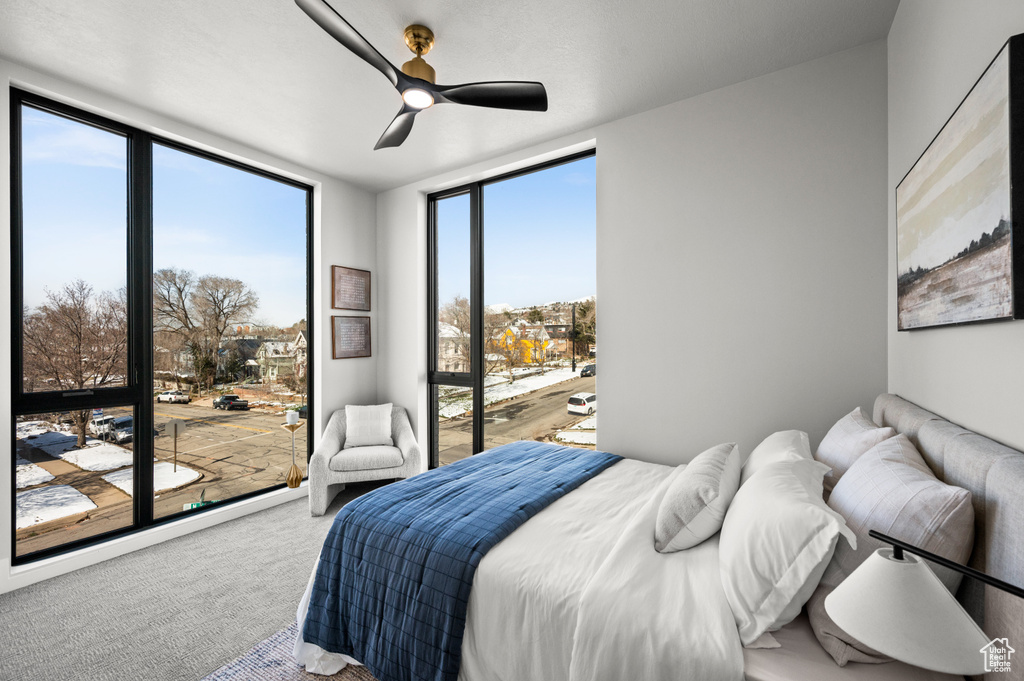 Carpeted bedroom with floor to ceiling windows and ceiling fan