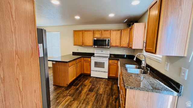 Kitchen featuring dark stone countertops, dark hardwood / wood-style flooring, sink, and stainless steel appliances
