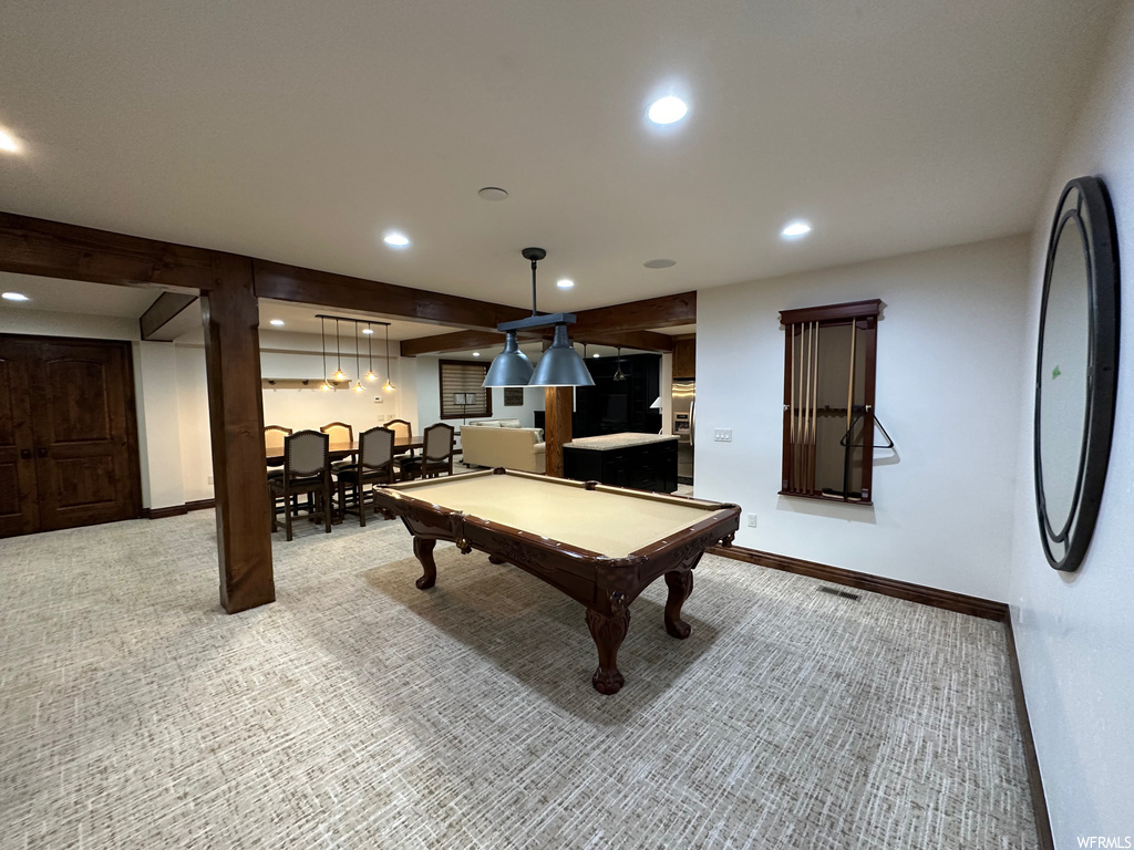 Recreation room featuring pool table and carpet