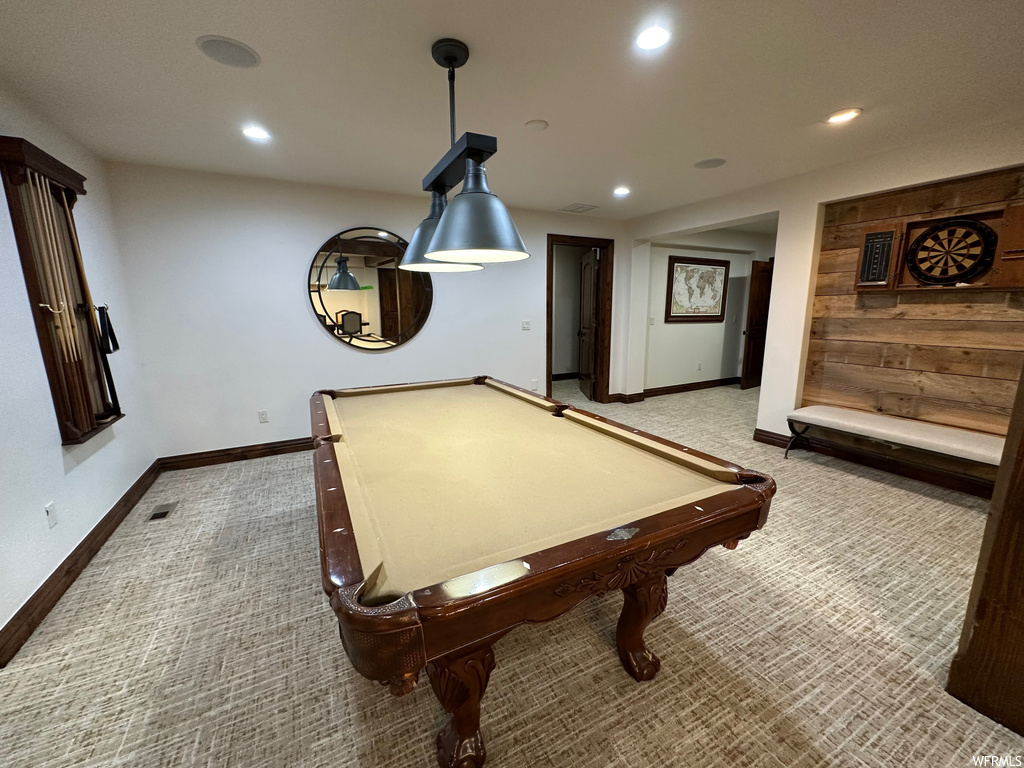 Rec room featuring billiards and carpet