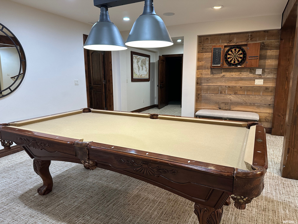 Game room with billiards and carpet