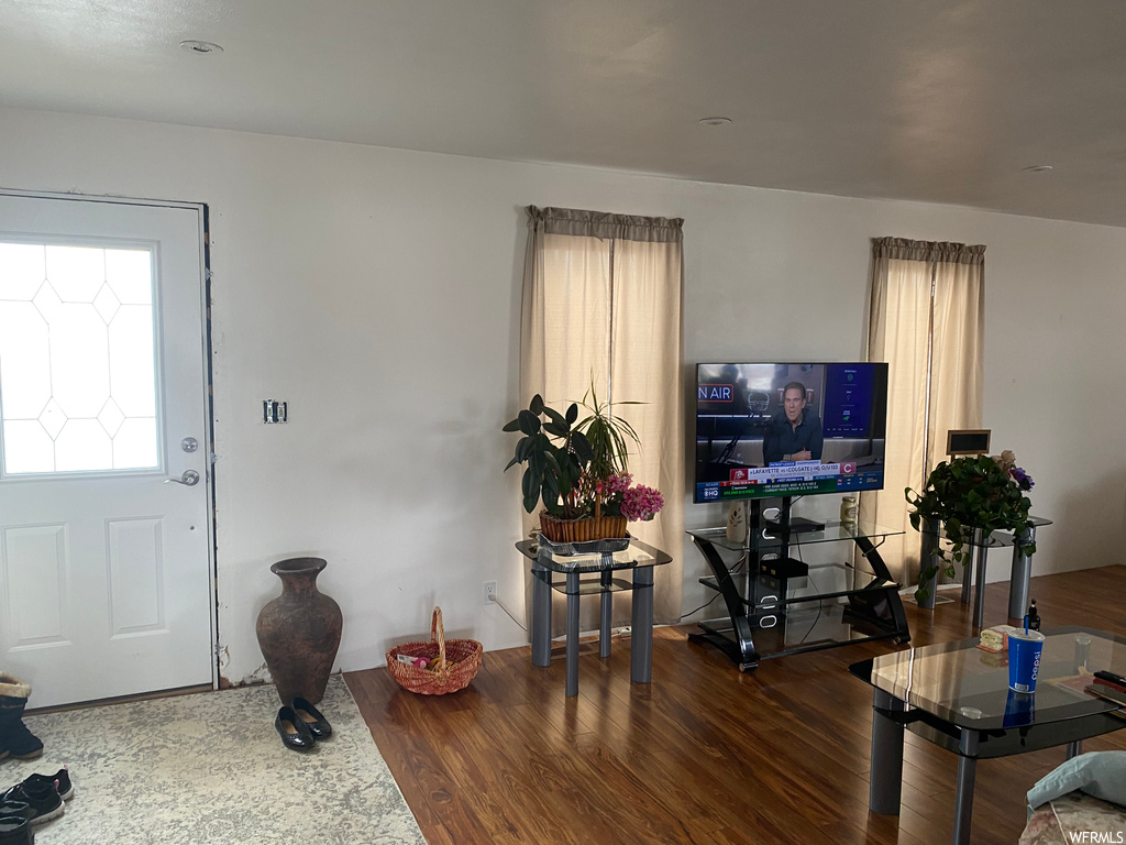 Living room featuring dark wood-type flooring