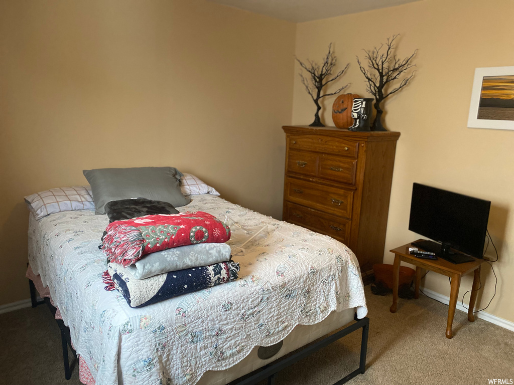 Bedroom featuring light colored carpet