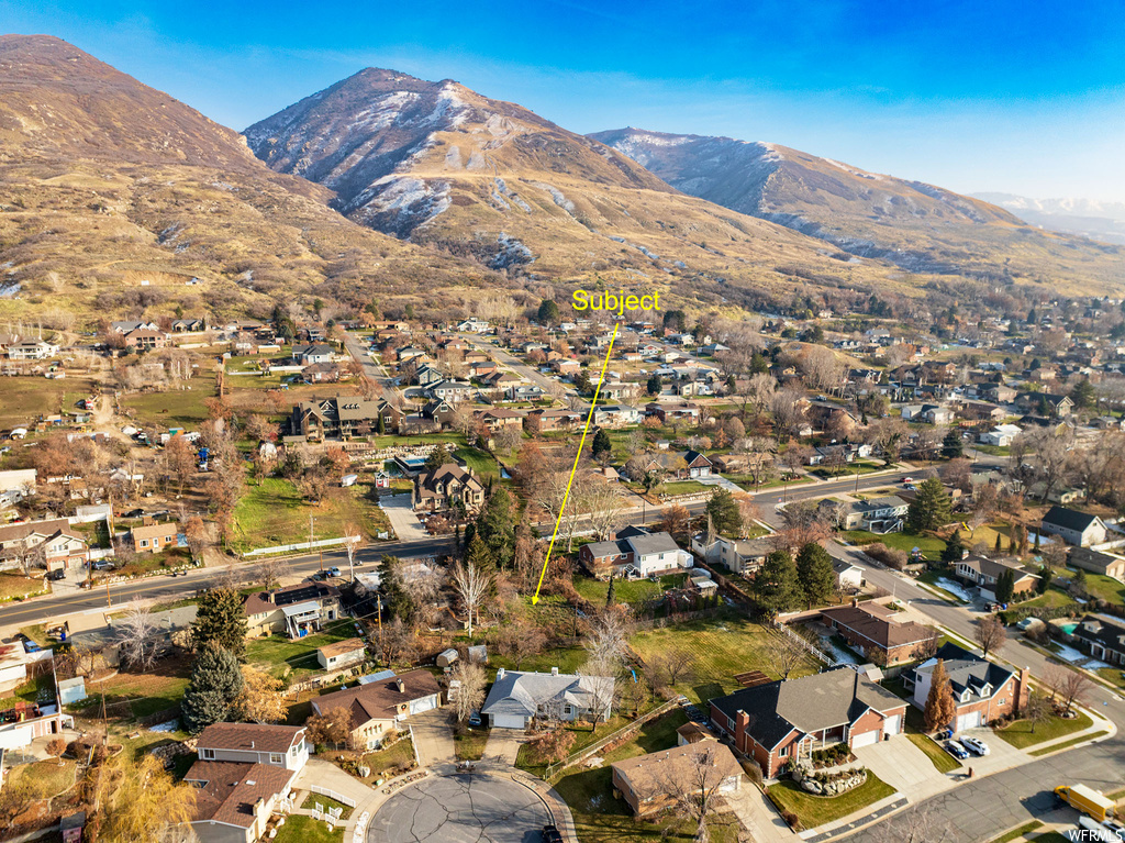 Aerial view featuring a mountain view