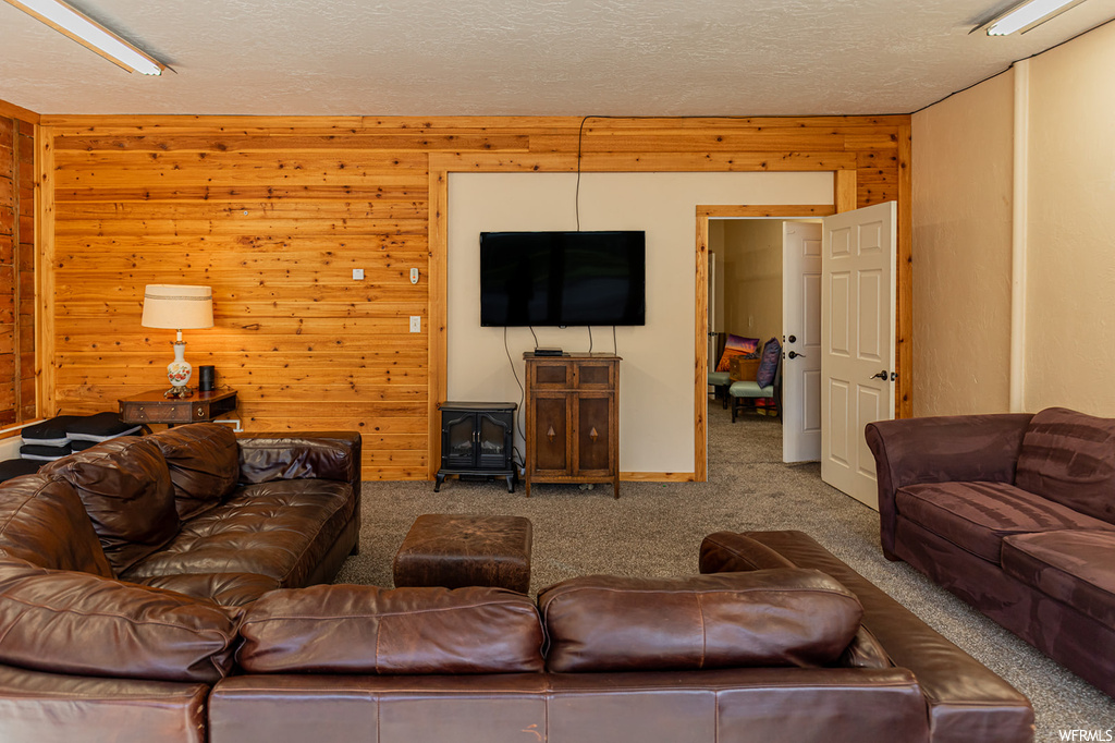 Carpeted living room featuring wood walls and a textured ceiling