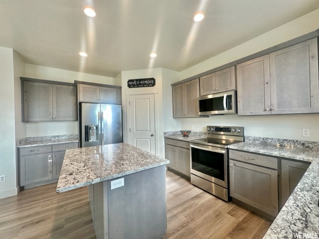 Kitchen with light stone countertops, a center island, stainless steel appliances, and light hardwood / wood-style floors