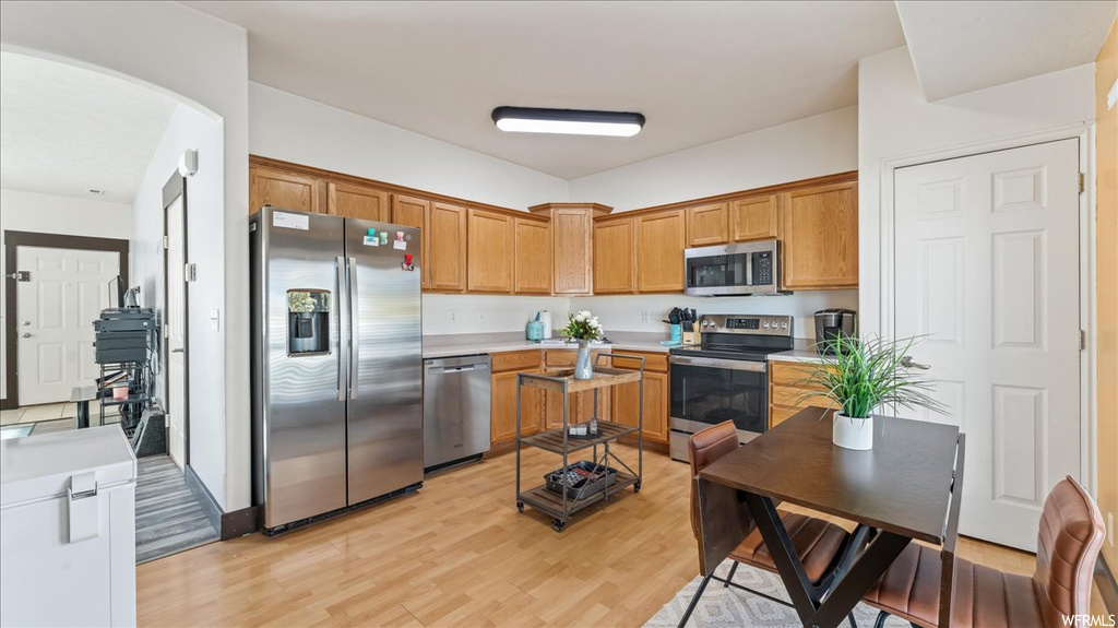 Kitchen with light wood-type flooring and stainless steel appliances