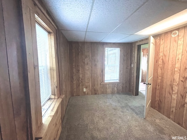 Unfurnished room featuring wood walls, a drop ceiling, and carpet flooring