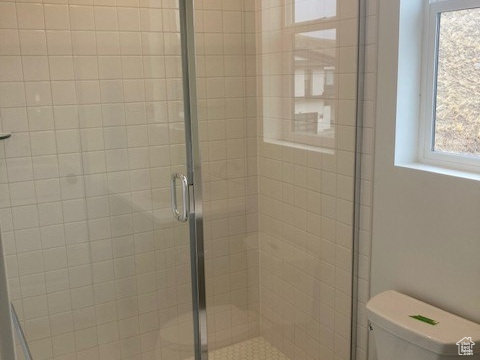 Bathroom with plenty of natural light, an enclosed shower, and toilet