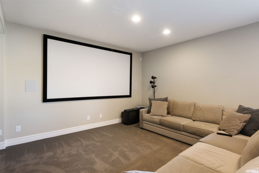 Cinema room with dark colored carpet