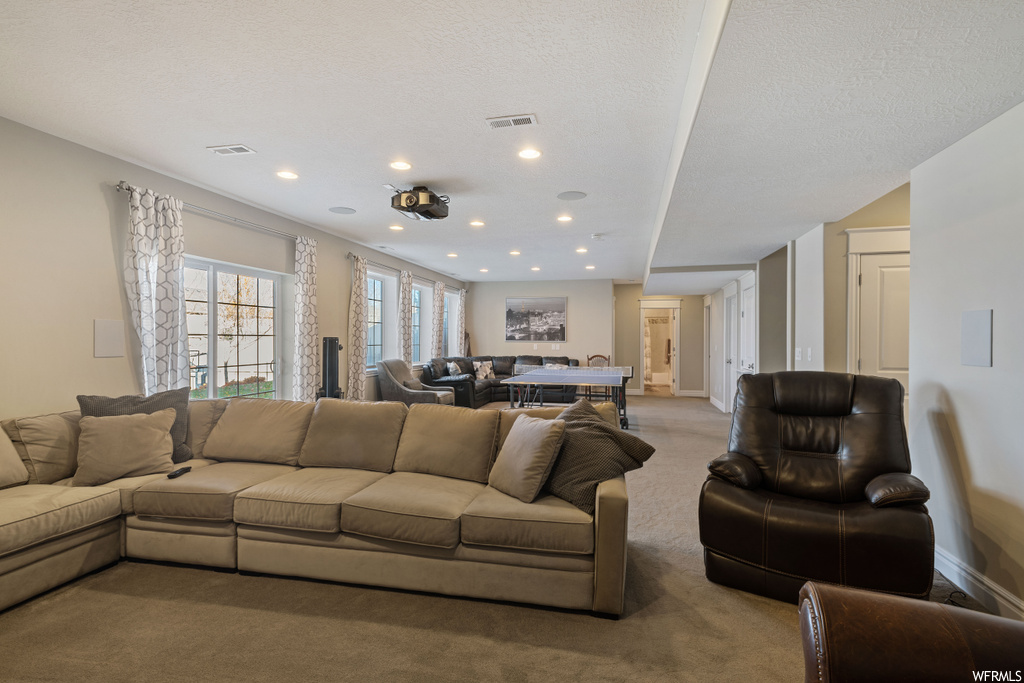 Living room featuring a textured ceiling and light carpet
