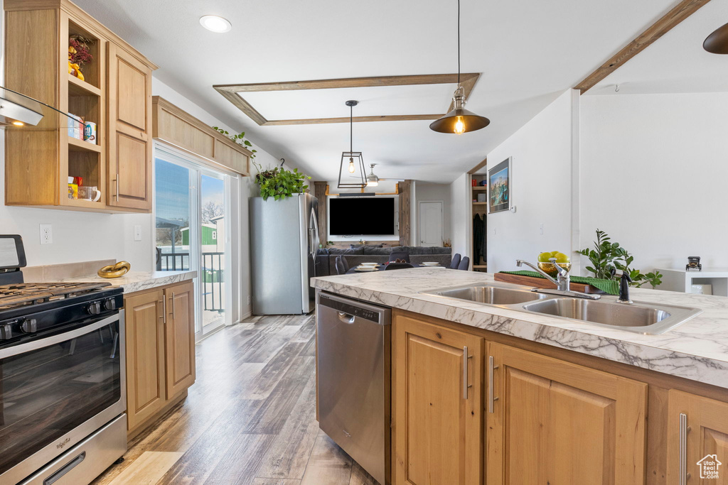 Kitchen featuring light hardwood / wood-style floors, light stone countertops, decorative light fixtures, sink, and stainless steel appliances