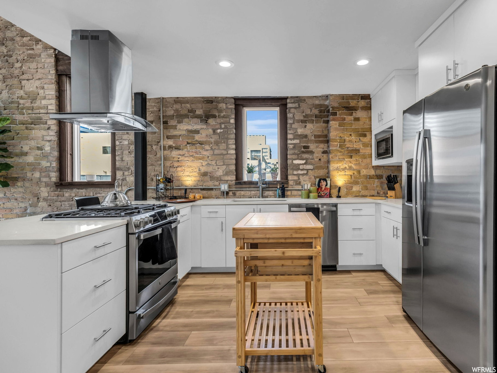 Kitchen featuring sink, light hardwood / wood-style floors, stainless steel appliances, white cabinets, and island range hood