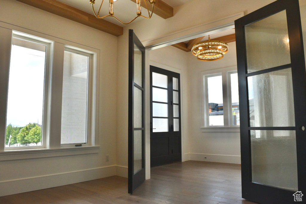 Foyer entrance featuring a chandelier, hardwood / wood-style flooring, and a wealth of natural light