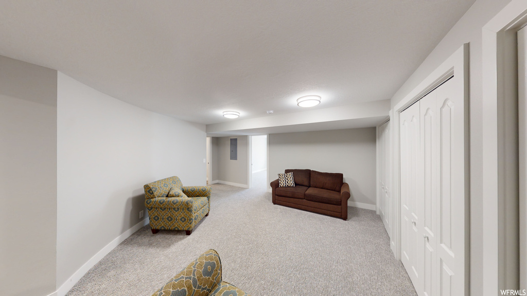 Living area with light carpet