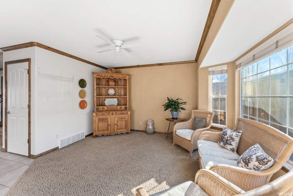Living area featuring ornamental molding, ceiling fan, and light colored carpet