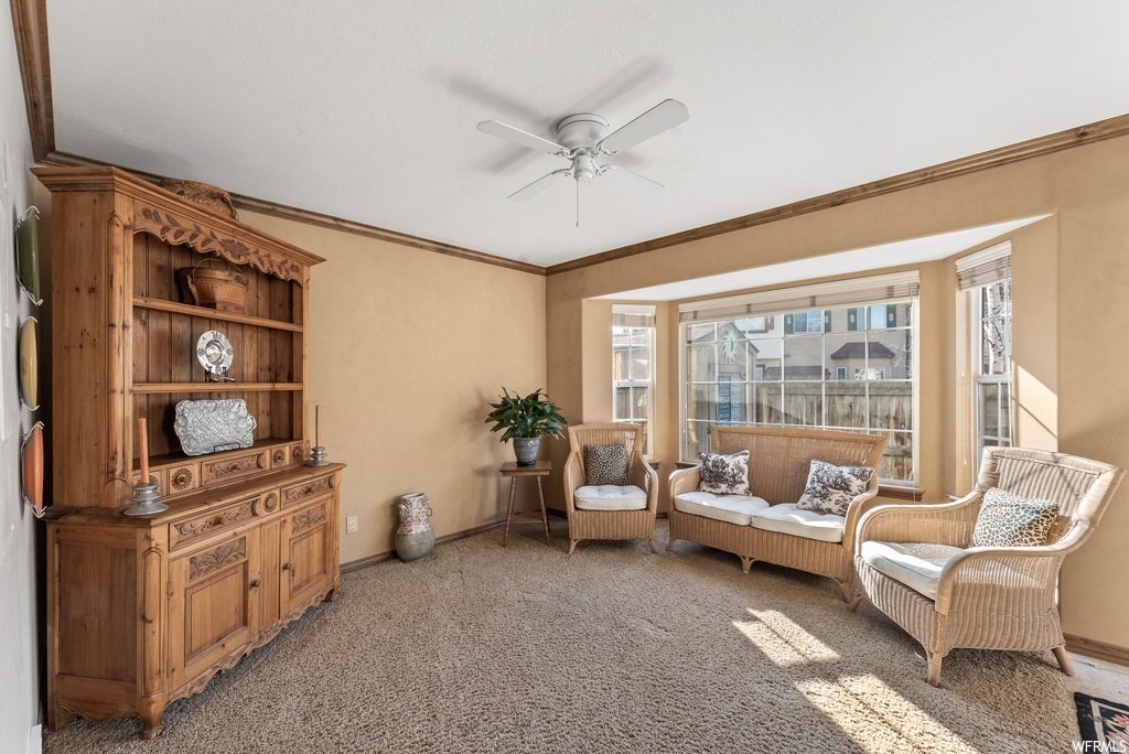 Living area with light colored carpet, ceiling fan, and ornamental molding