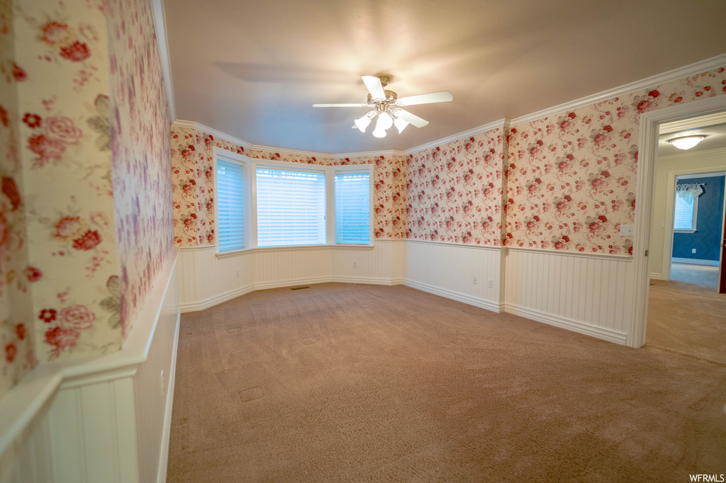 Carpeted spare room with ceiling fan and crown molding
