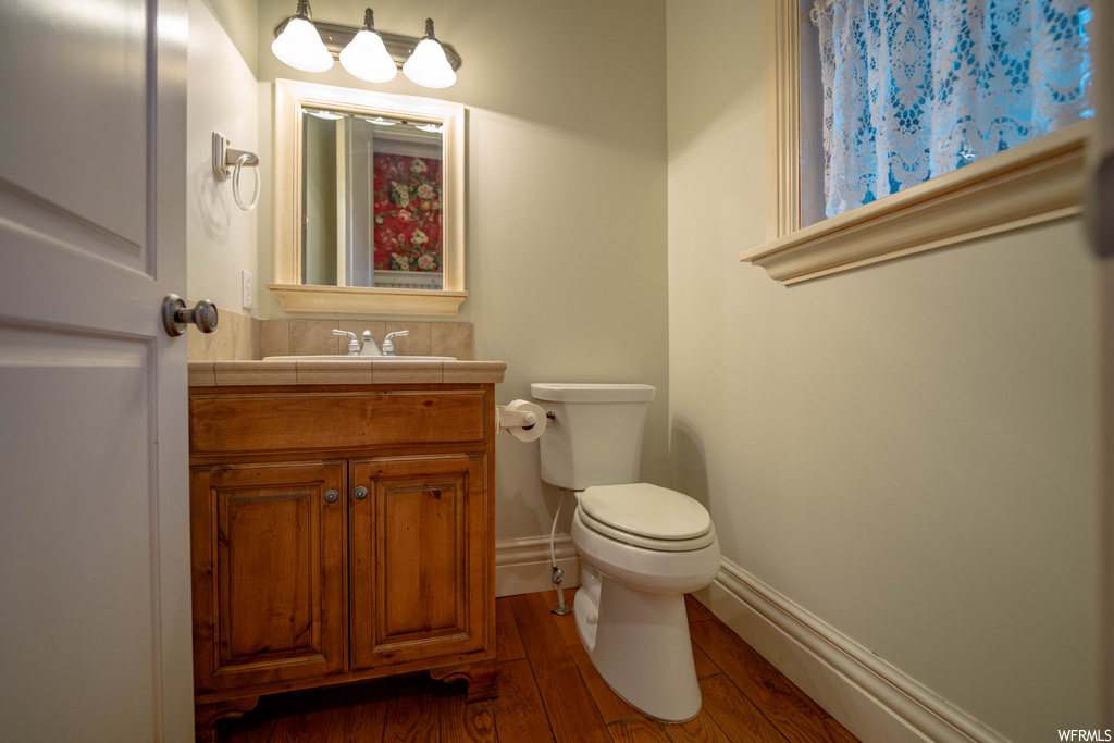 Bathroom with toilet, hardwood / wood-style floors, and large vanity