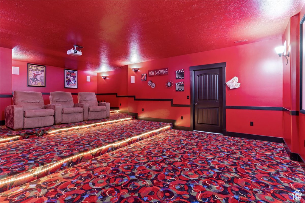 Cinema with dark carpet and a textured ceiling