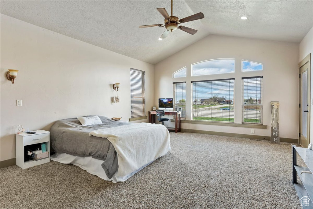 Carpeted bedroom with high vaulted ceiling, ceiling fan, and a textured ceiling