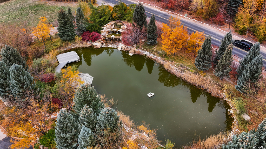 Aerial view featuring a water view