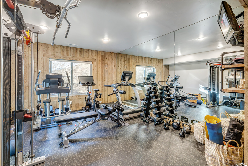 Workout area with wooden walls