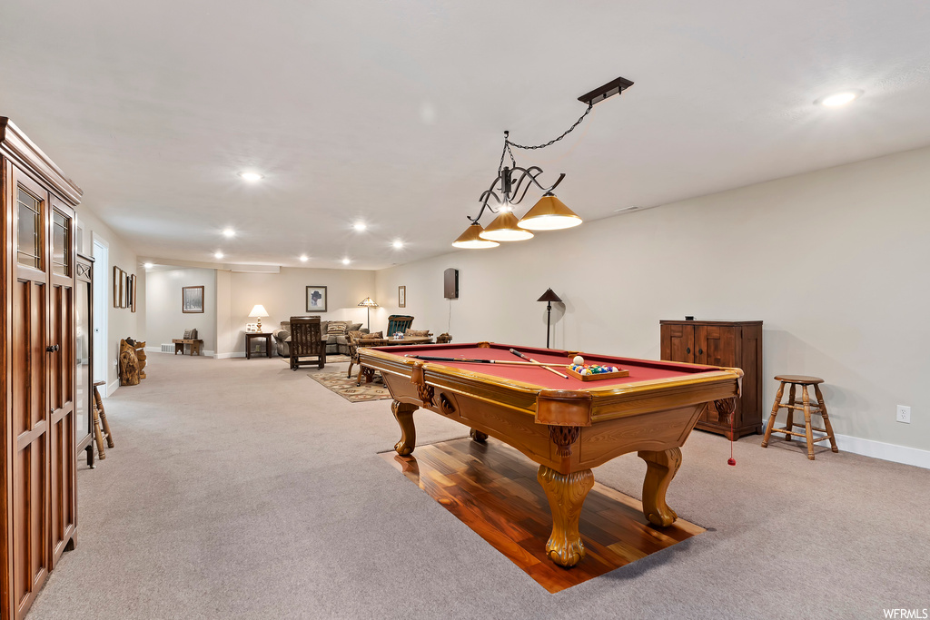 Playroom featuring billiards and light colored carpet