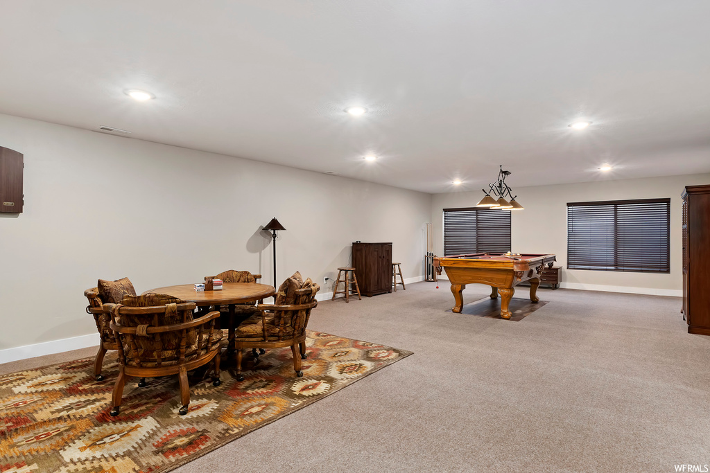 Rec room featuring light colored carpet and pool table