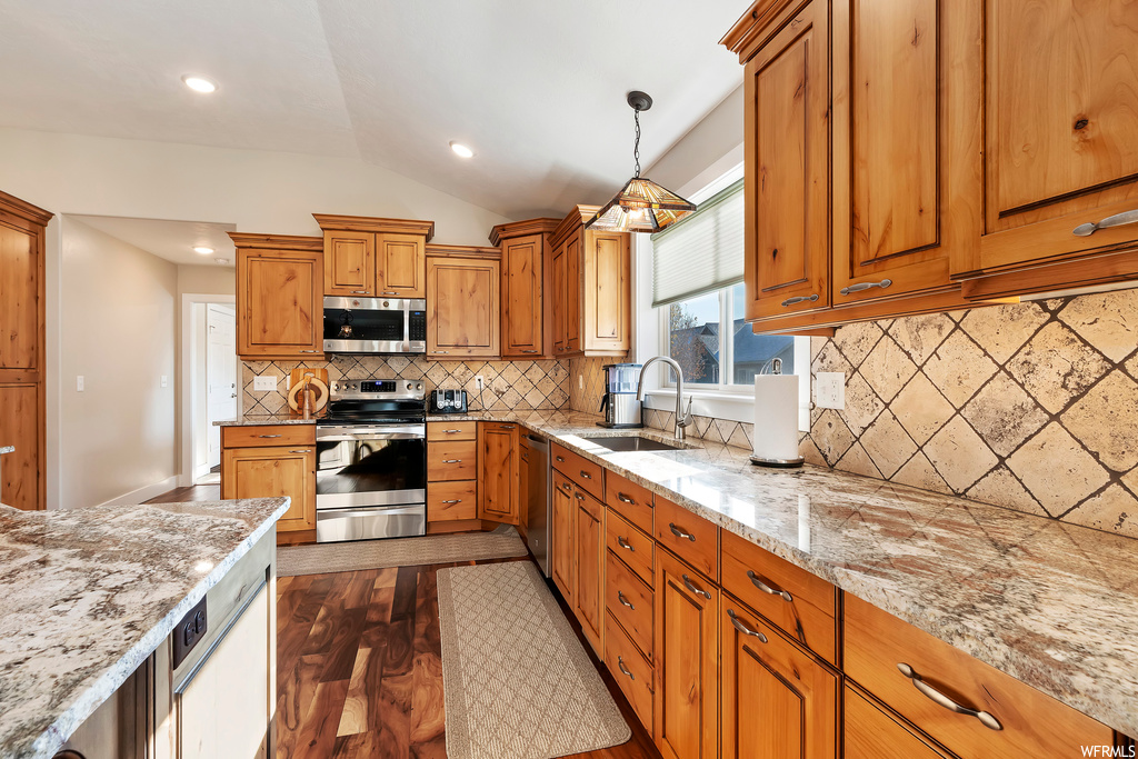 Kitchen featuring sink, stainless steel appliances, dark hardwood / wood-style floors, tasteful backsplash, and decorative light fixtures