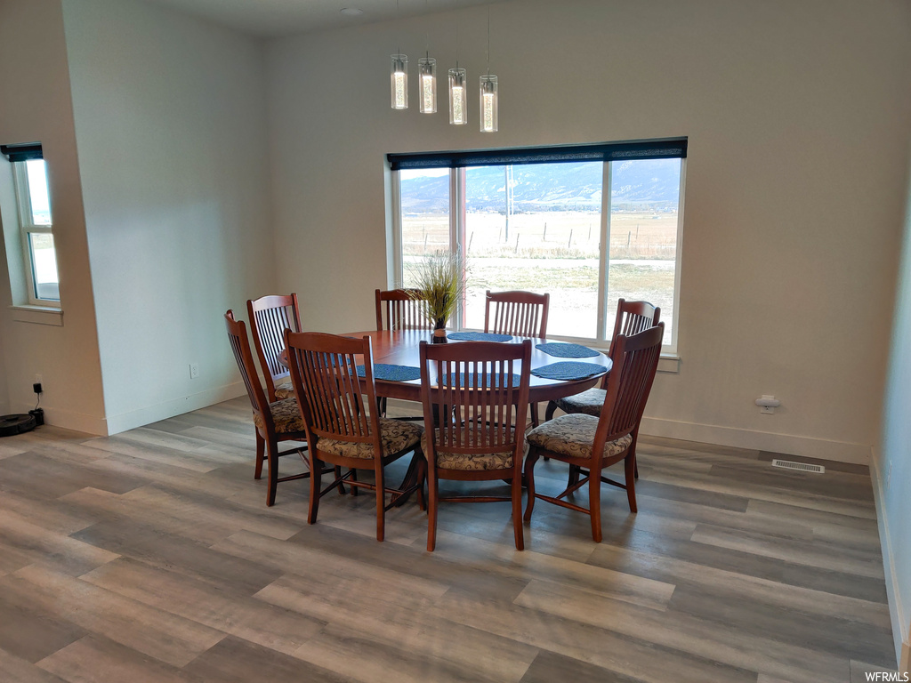 Dining area featuring dark hardwood / wood-style flooring and a high ceiling