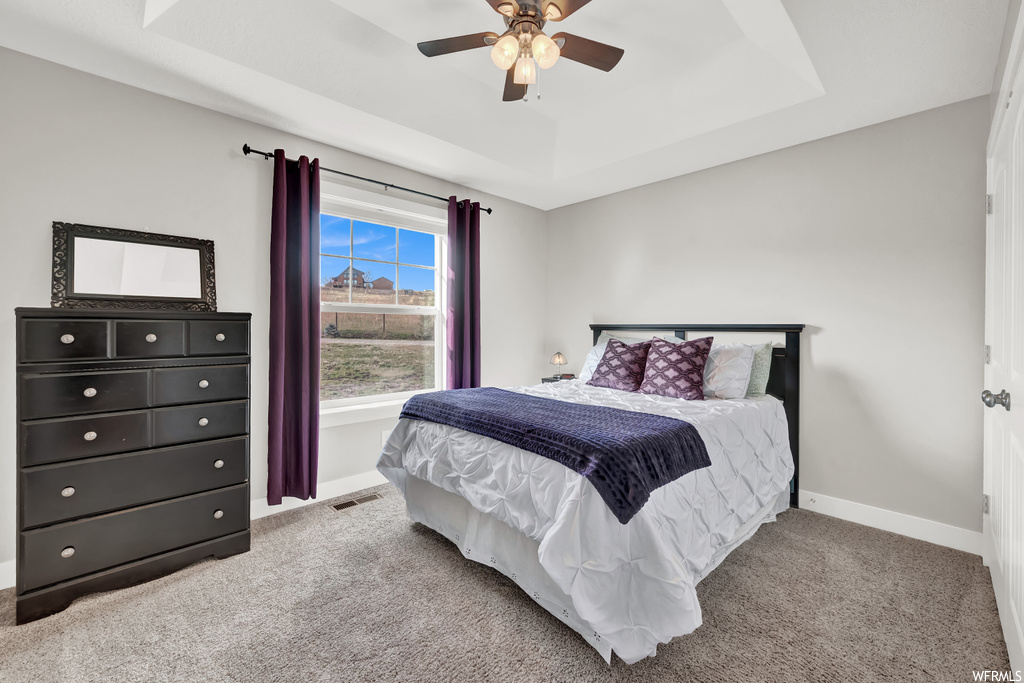 Bedroom featuring a raised ceiling, ceiling fan, and light colored carpet