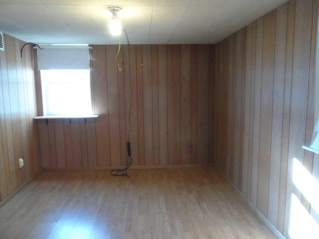 Spare room with wood walls, radiator, and light hardwood / wood-style floors