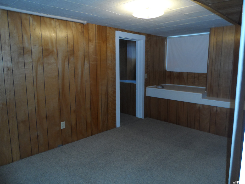 Unfurnished room with wood walls and carpet