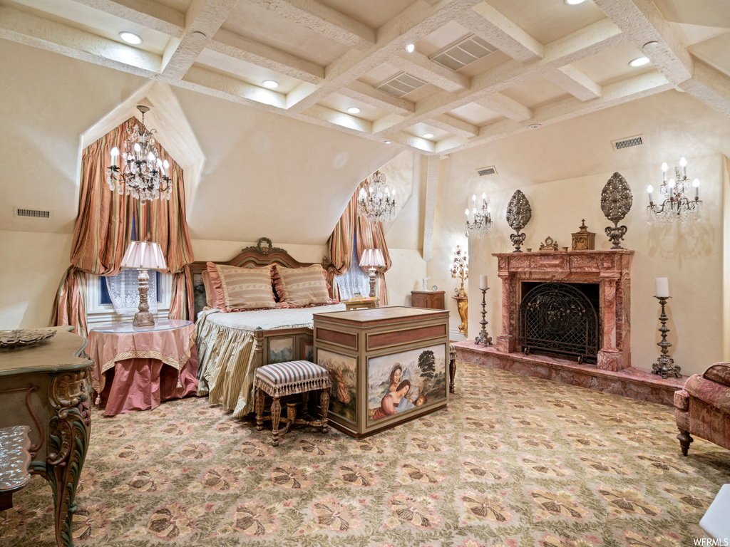 Bedroom with coffered ceiling, a towering ceiling, an inviting chandelier, light colored carpet, and beamed ceiling