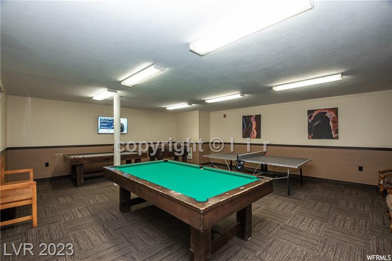 Game room with dark colored carpet and billiards