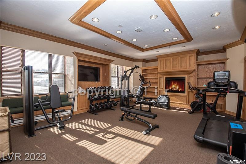 Gym with ornamental molding, a tray ceiling, and light colored carpet