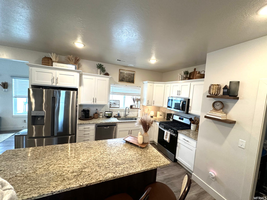 Kitchen with a healthy amount of sunlight, stainless steel appliances, and white cabinets