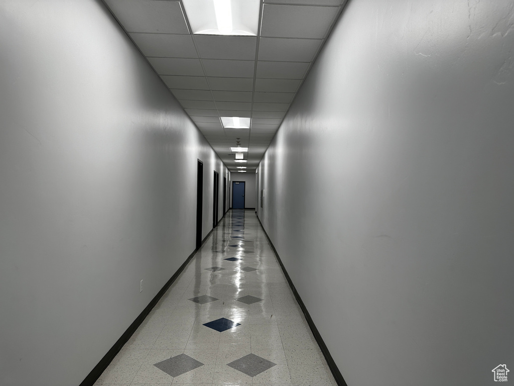 Hall with baseboards and a paneled ceiling