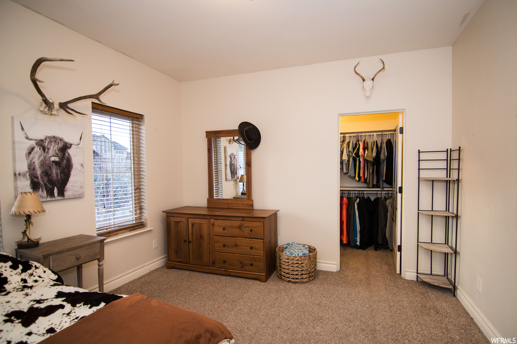 Bedroom featuring a walk in closet, light colored carpet, and a closet