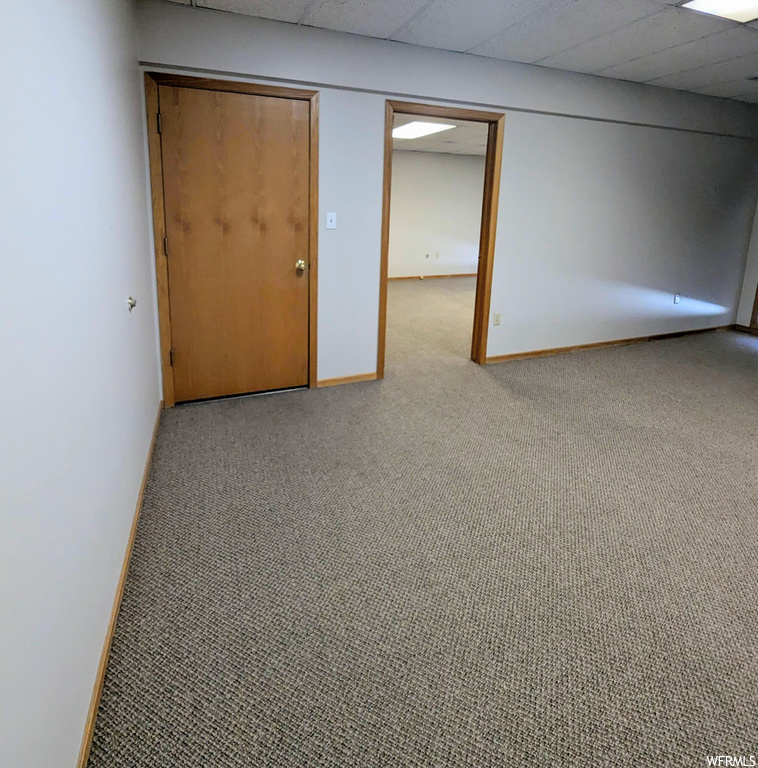 Unfurnished bedroom featuring light colored carpet and a paneled ceiling
