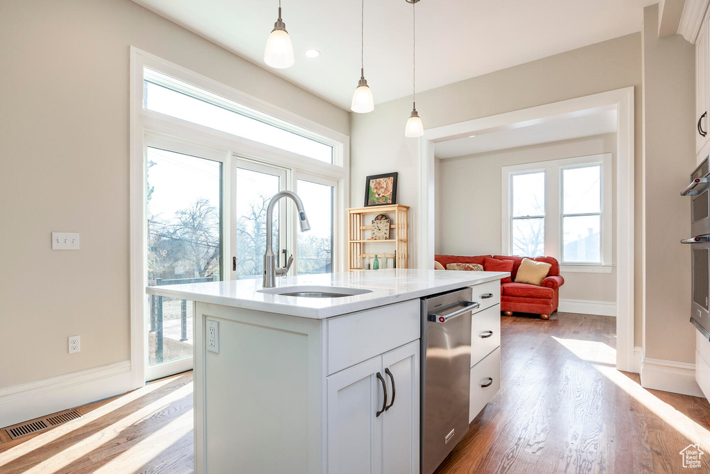 Kitchen with a kitchen island with sink, light hardwood / wood-style flooring, a healthy amount of sunlight, and sink