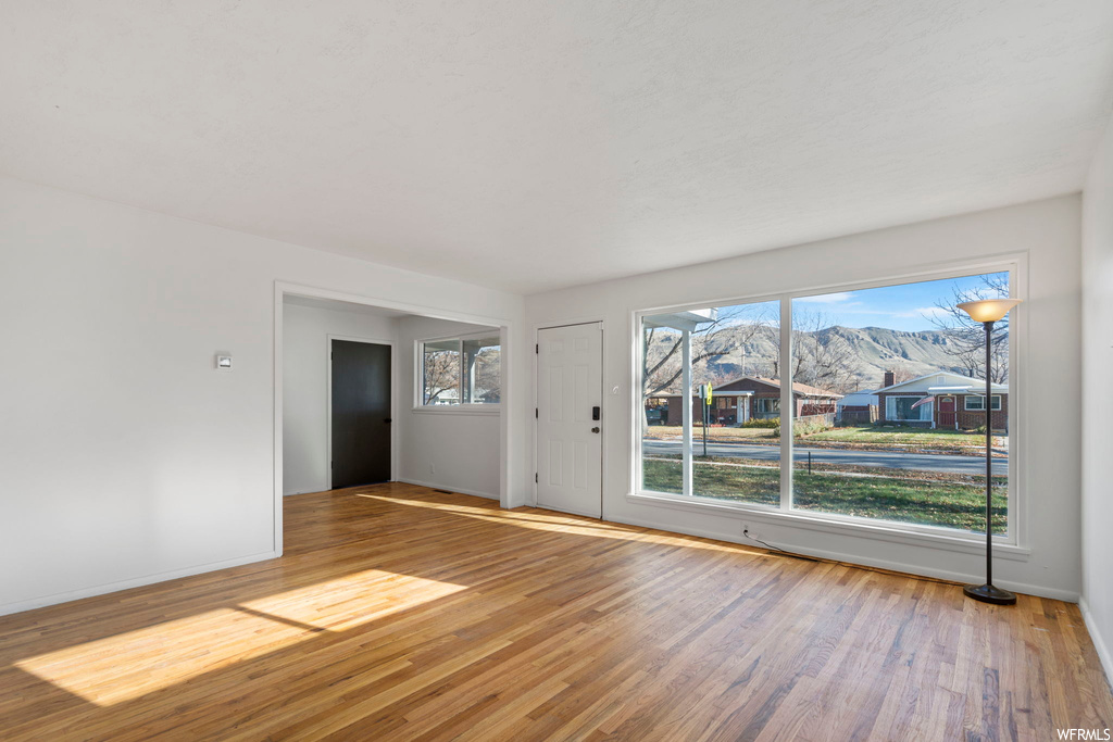 Empty room featuring light hardwood / wood-style flooring and a mountain view
