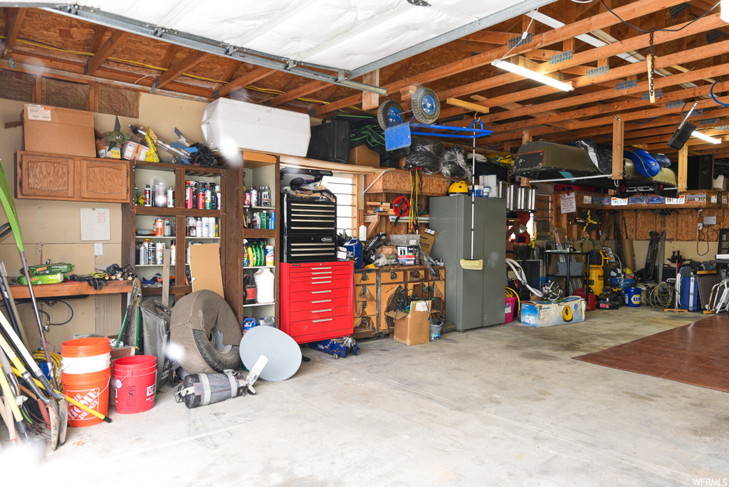 Garage with refrigerator