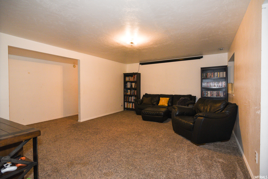 Home theater room with dark colored carpet